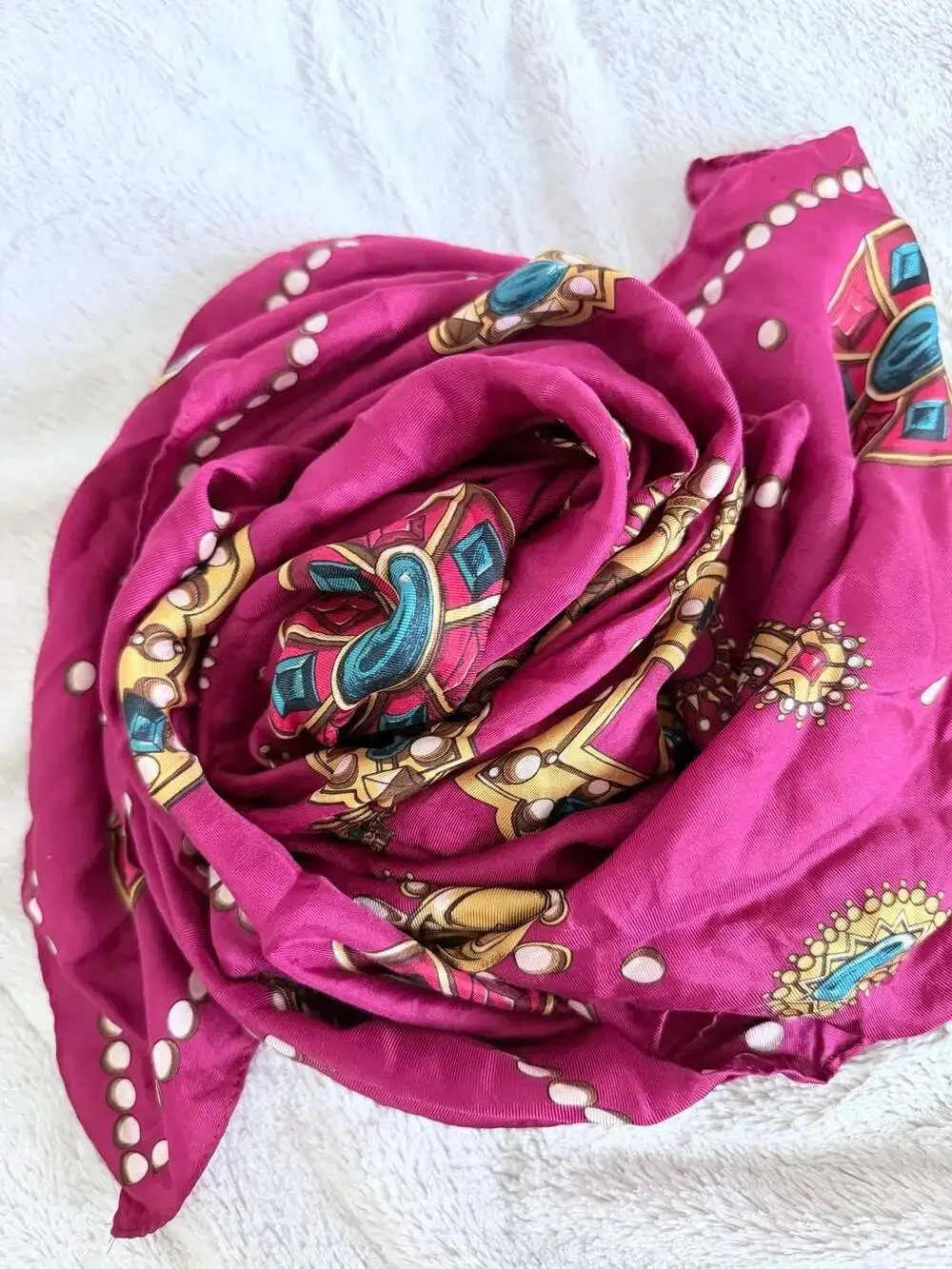 Perry Ellis Vintage 100% Silk Scarf with Jewel and Gemstone Motif in Fuchsia